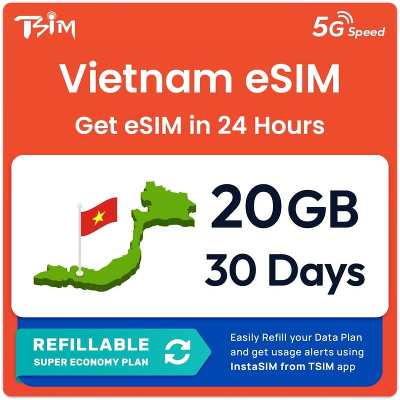 TSIM Vietnam eSIM | 20GB Super Saver Refillable Plan! QR Code Sent via Email in 24Hrs - Scan & Use Immediately | Auto Activating 30 Day Validity | Hotspot Allowed | Data-Only No Phone Number - Image 1